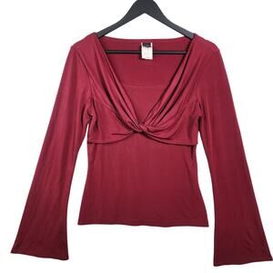Wrapper Y2K Babydoll Twist Front Top Sz L Flare Sleeves Burgundy Stretch Fairy